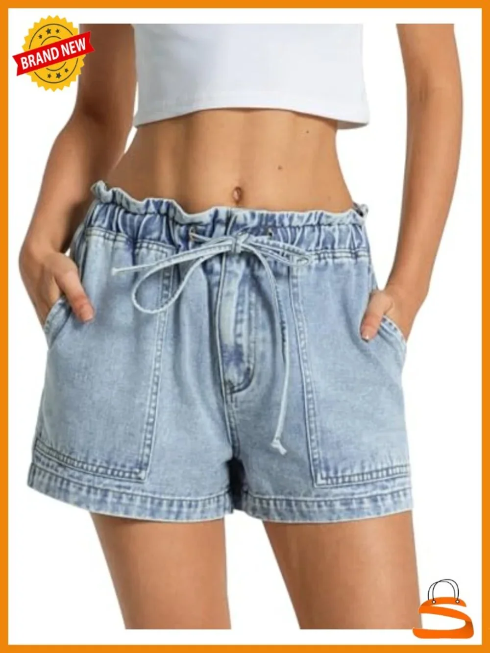 Drawstring Denim Shorts - Baggy Jean Shorts with Elastic Waist